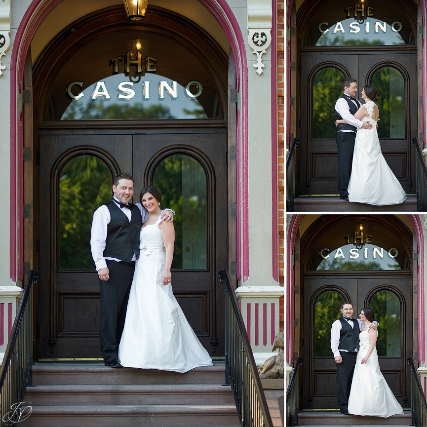 bride and groom with facade of canfield casino