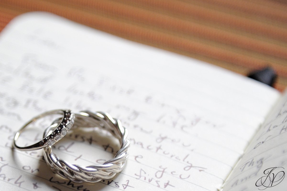 unique photo of wedding bands on hand written vows, jessica painter photography