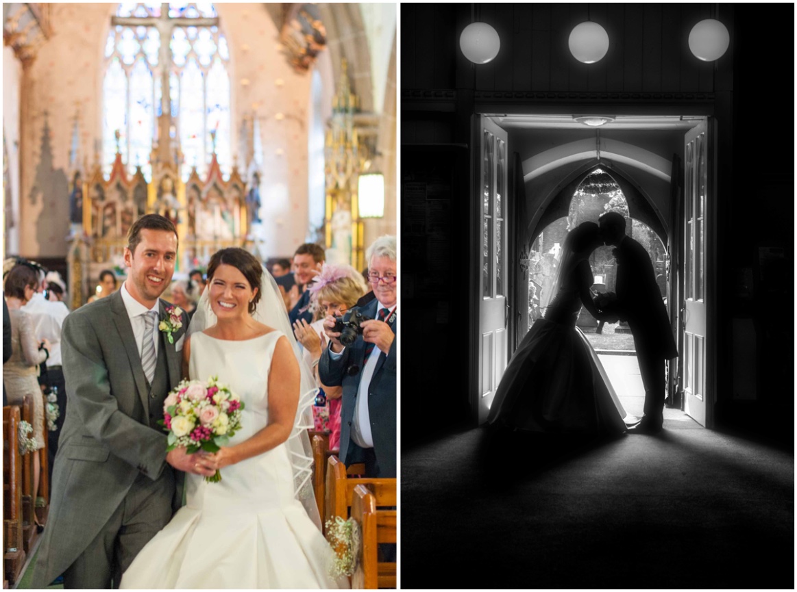 happy couple leaving church with a kiss