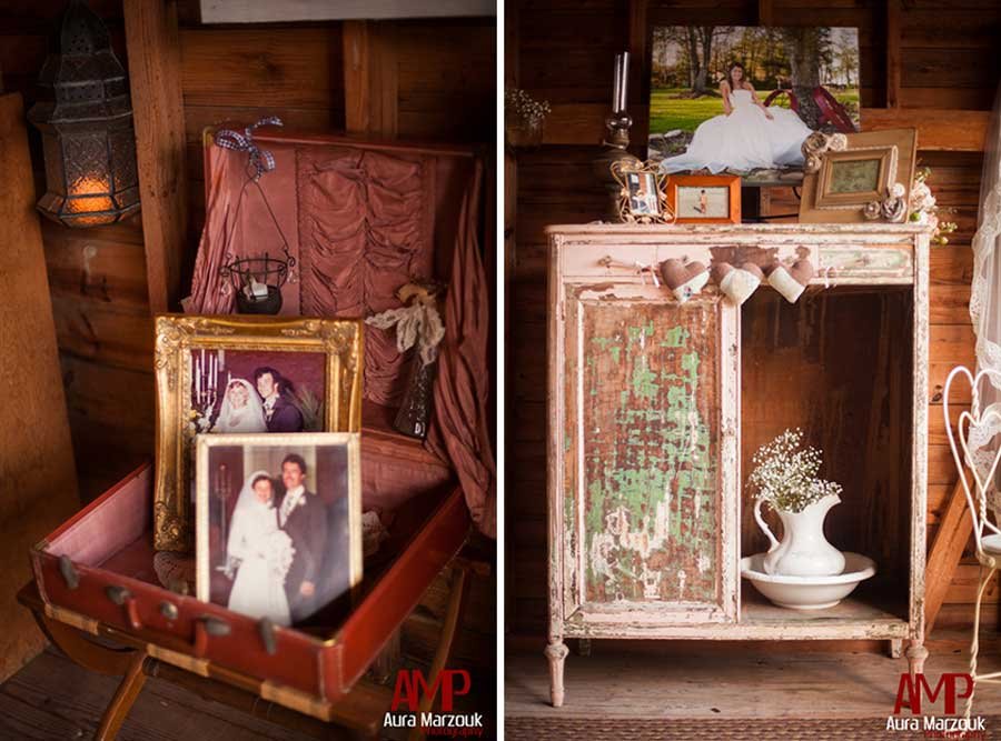 Rustic and antique luggage with photos of parents on their wedding day. © Aura Marzouk Photography, Seagrove Wedding Photographer