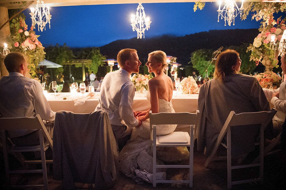Outdoor Chandelier at rose garden wedding at Bernadus Lodge
