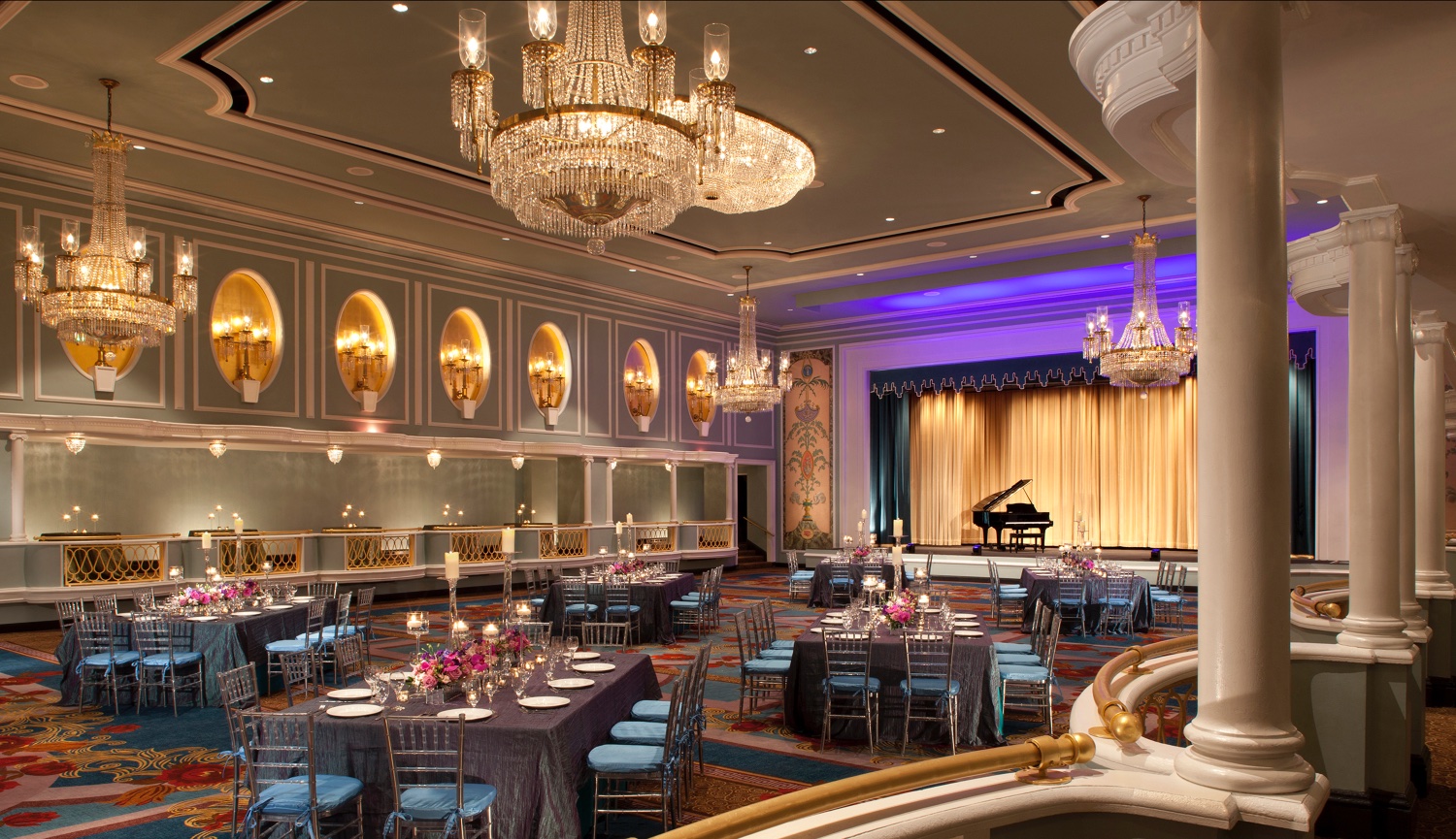 Hilton Ballroom in downtown New York City with lots of Chandeliers and set for a huge event.