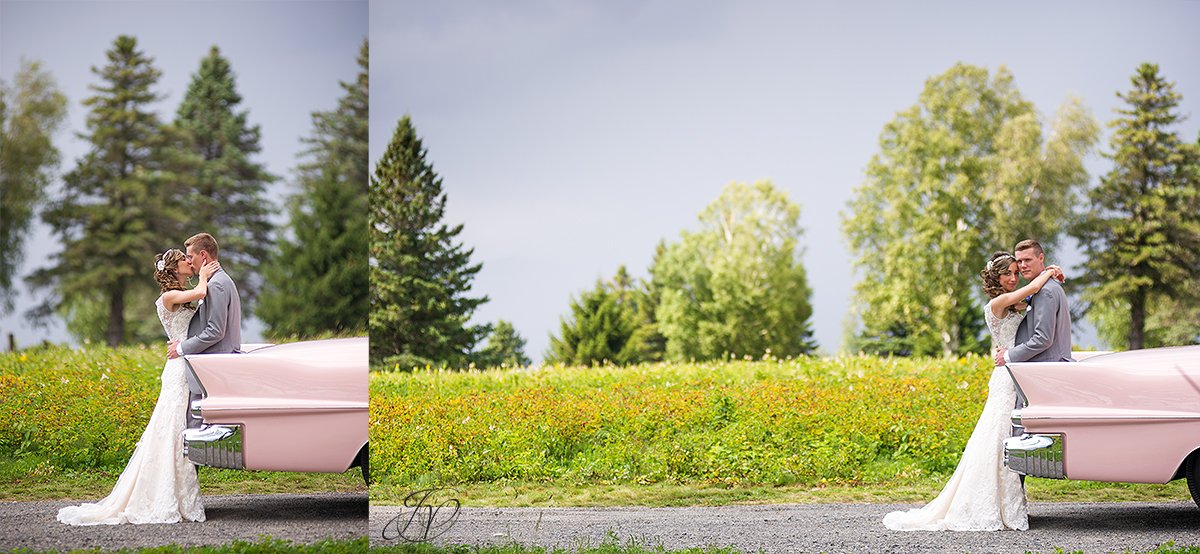 bride and groom portrait vintage car thunderstorm