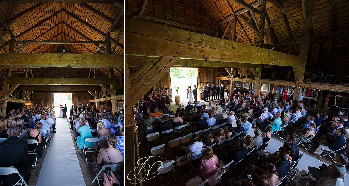 wide angle barn ceremony photo, wedding at mabee Farms, mabee farms historic site, Schenectady Wedding Photographer, Key Hall Proctors reception