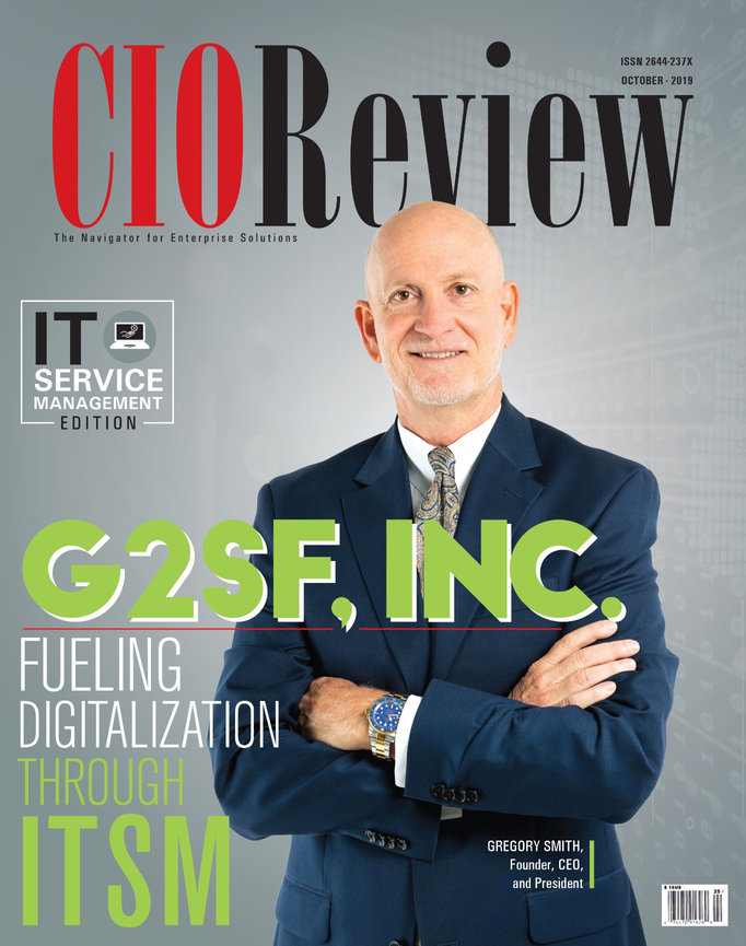 CIO Review magazine cover featuring Gregory Smith, Founder and CEO of G2SF, Inc., discussing IT service management.