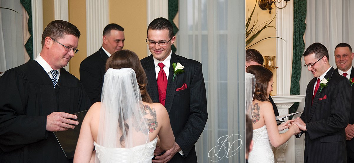 bride and groom at alter, Schenectady Wedding Photographer, wedding ceremony stockade inn, The Stockade Inn