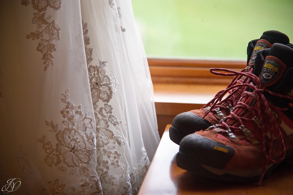 Stella York wedding dress details wedding hiking boots