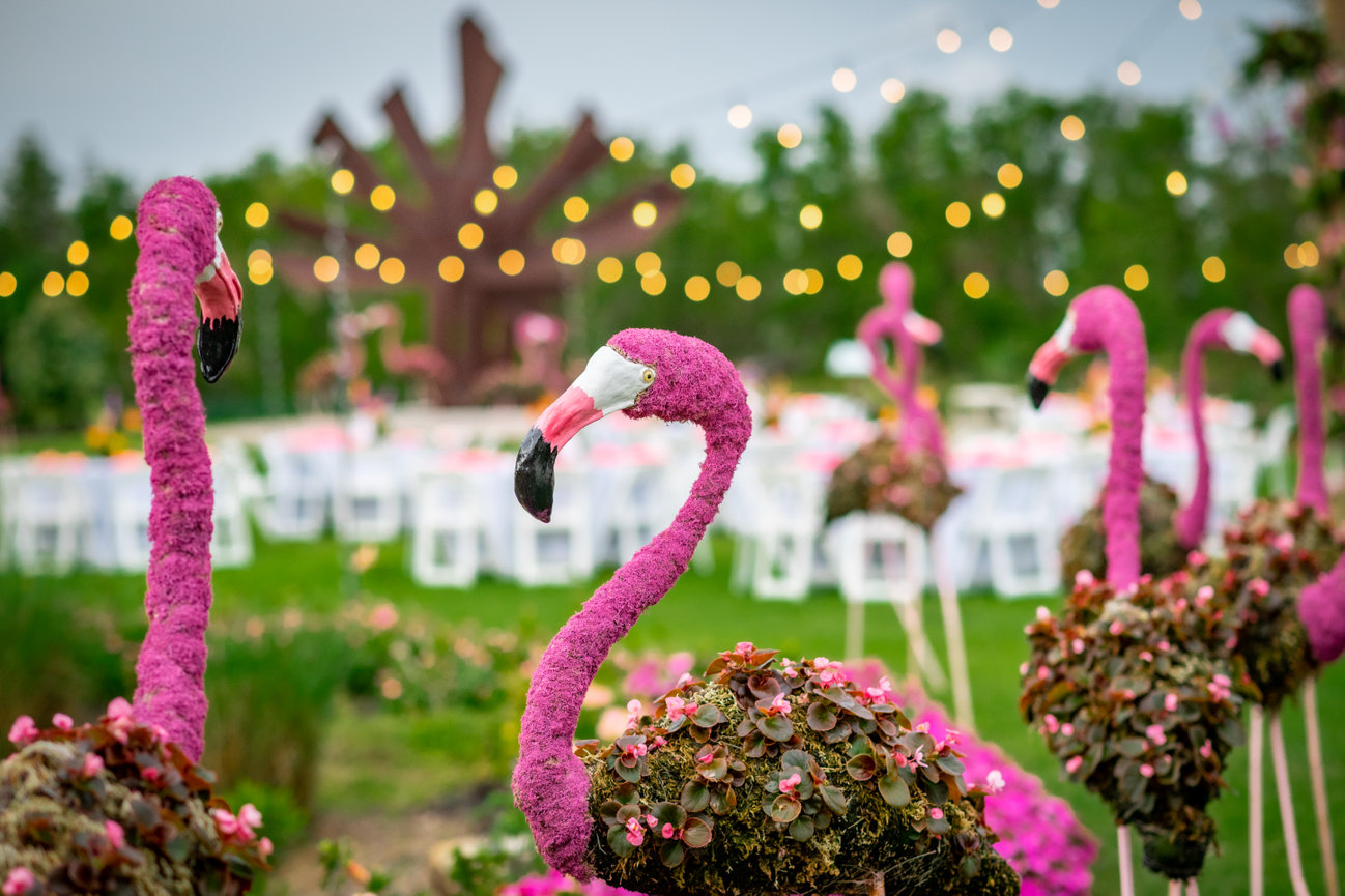 Colorful flamingo decorations made of flowers stand in a garden venue, with string lights and tables in the background.