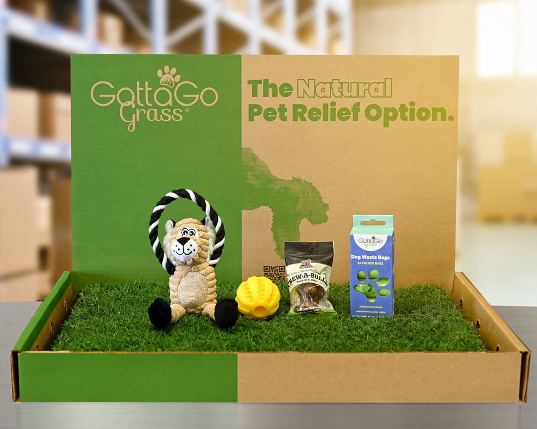 Pet relief kit featuring toys, waste bags, and grass mat in a branded box. Ideal for pet owners.