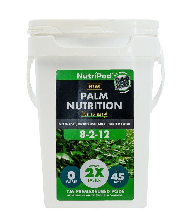 White bucket of NutriPod Palm Nutrition, a biodegradable starter food with NPK ratio 8-2-12, lasts 45 days.