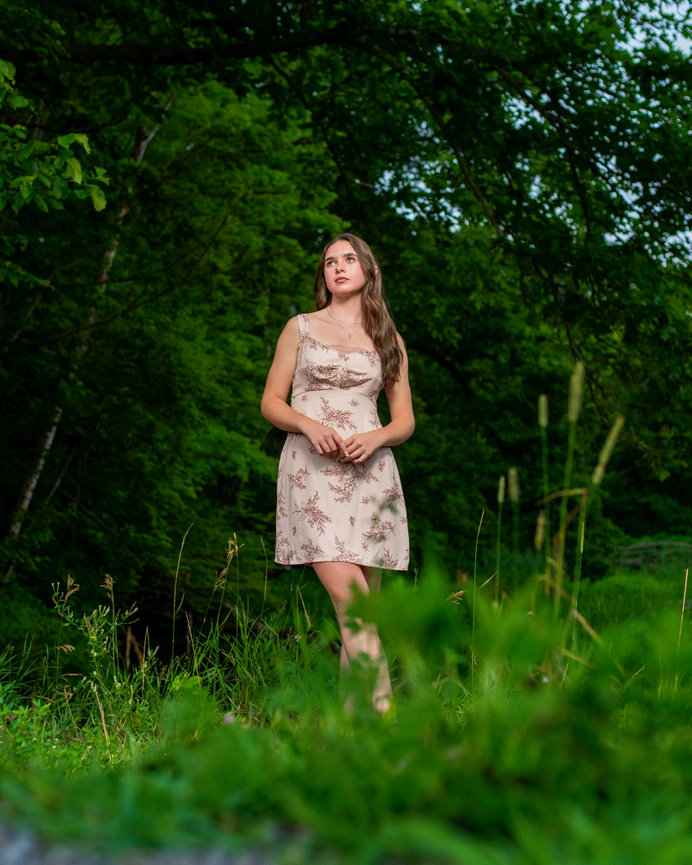 senior girl in a field with a dress and dainty pose