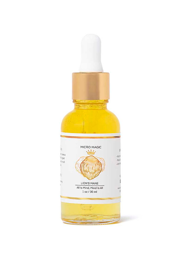 Yellow dropper bottle of mushroom tincture on white background