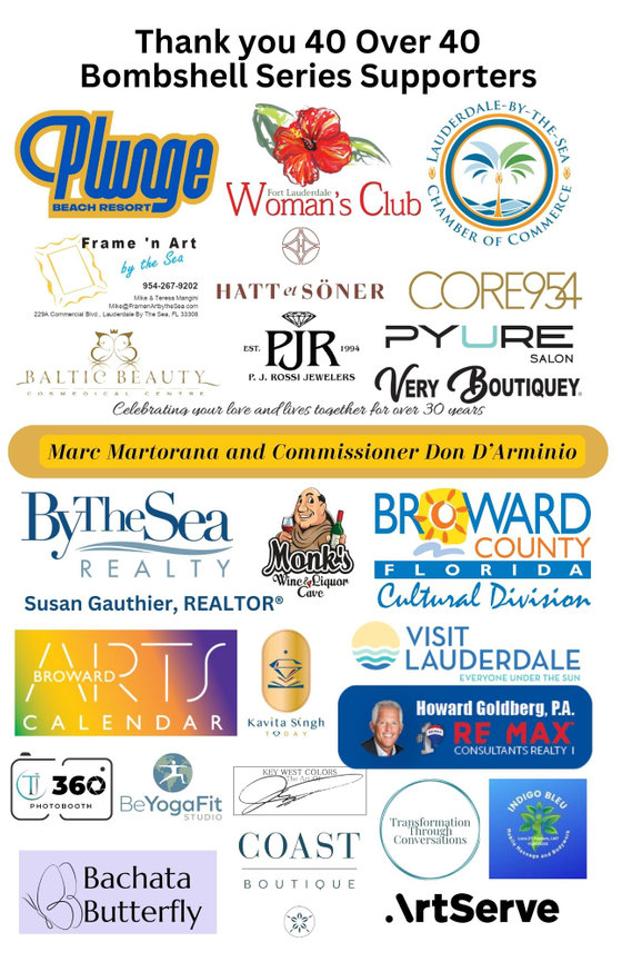 Graphic featuring the logos of businesses and organizations sponsoring and supporting the 40 Over 40 Bombshell Series