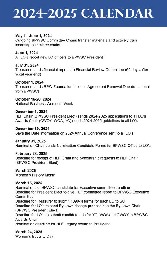 20242025 STATE CALENDAR Business and Professional Women of Greenwood