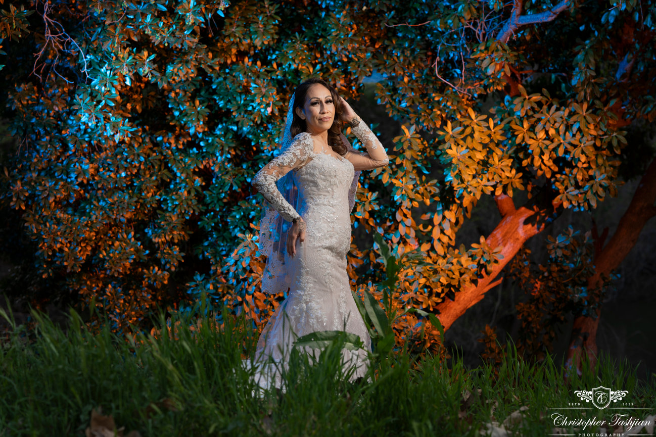 Bride in front of colorful foliage at night