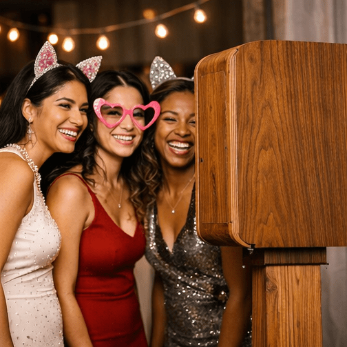 Three women using a photo booth at an event