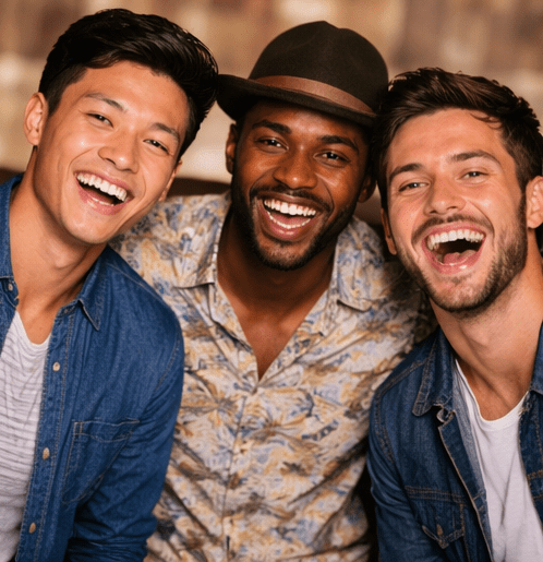 Three smiling men enjoying their time together