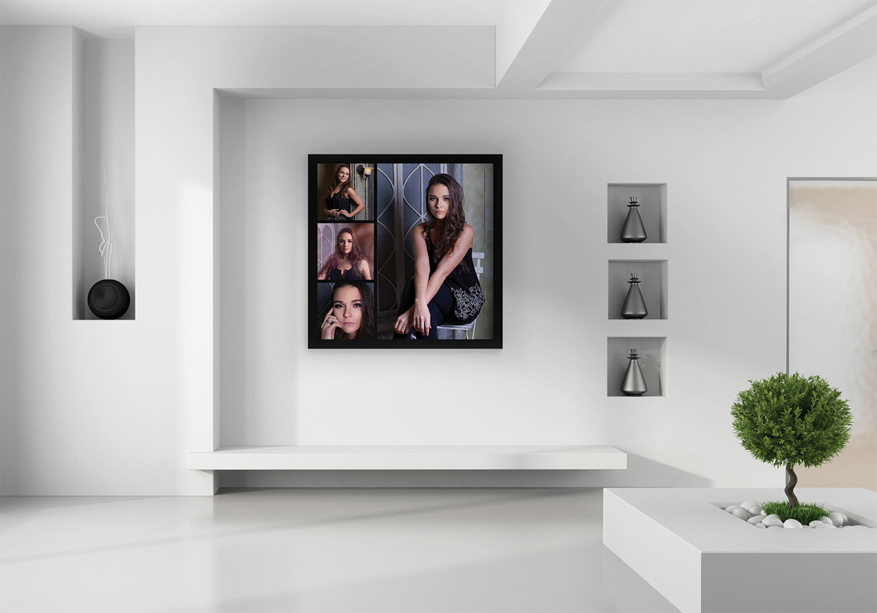 composite portrait wall artwork with multiple images in a single frame displayed in a minimal home interior