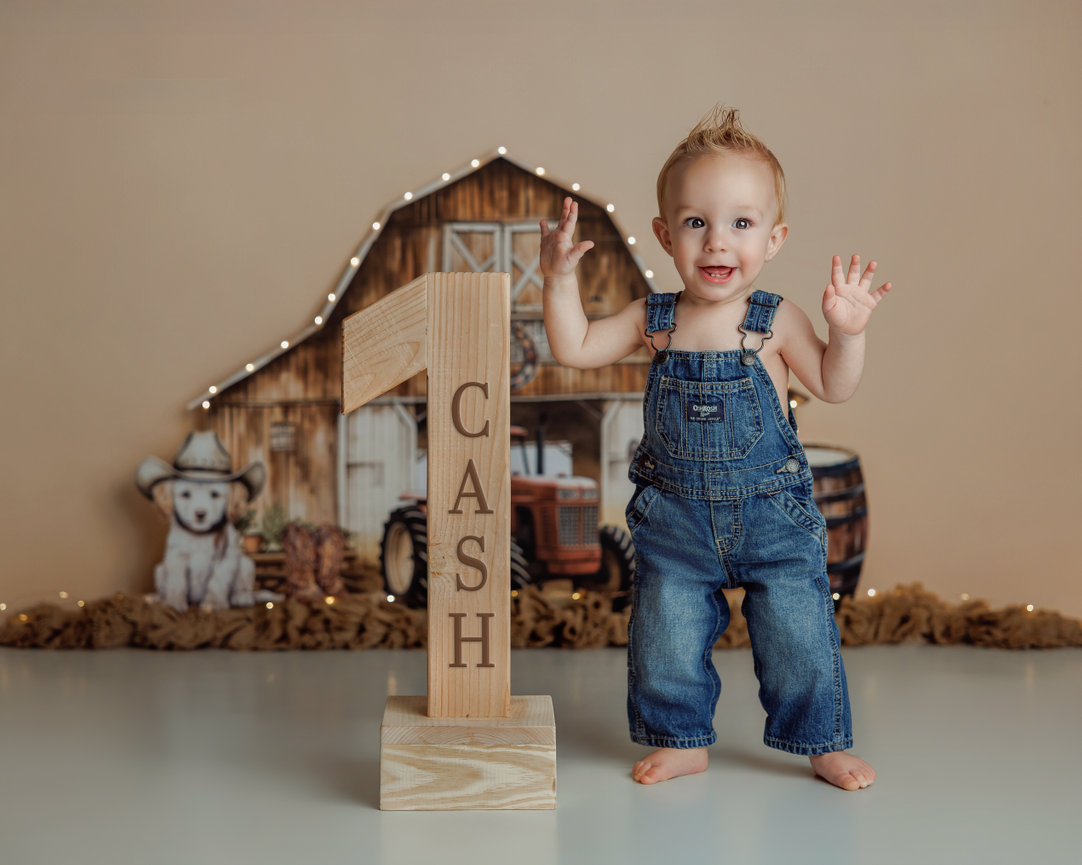 Toddler standing beside a rustic cash sign in a barn-themed studio setup