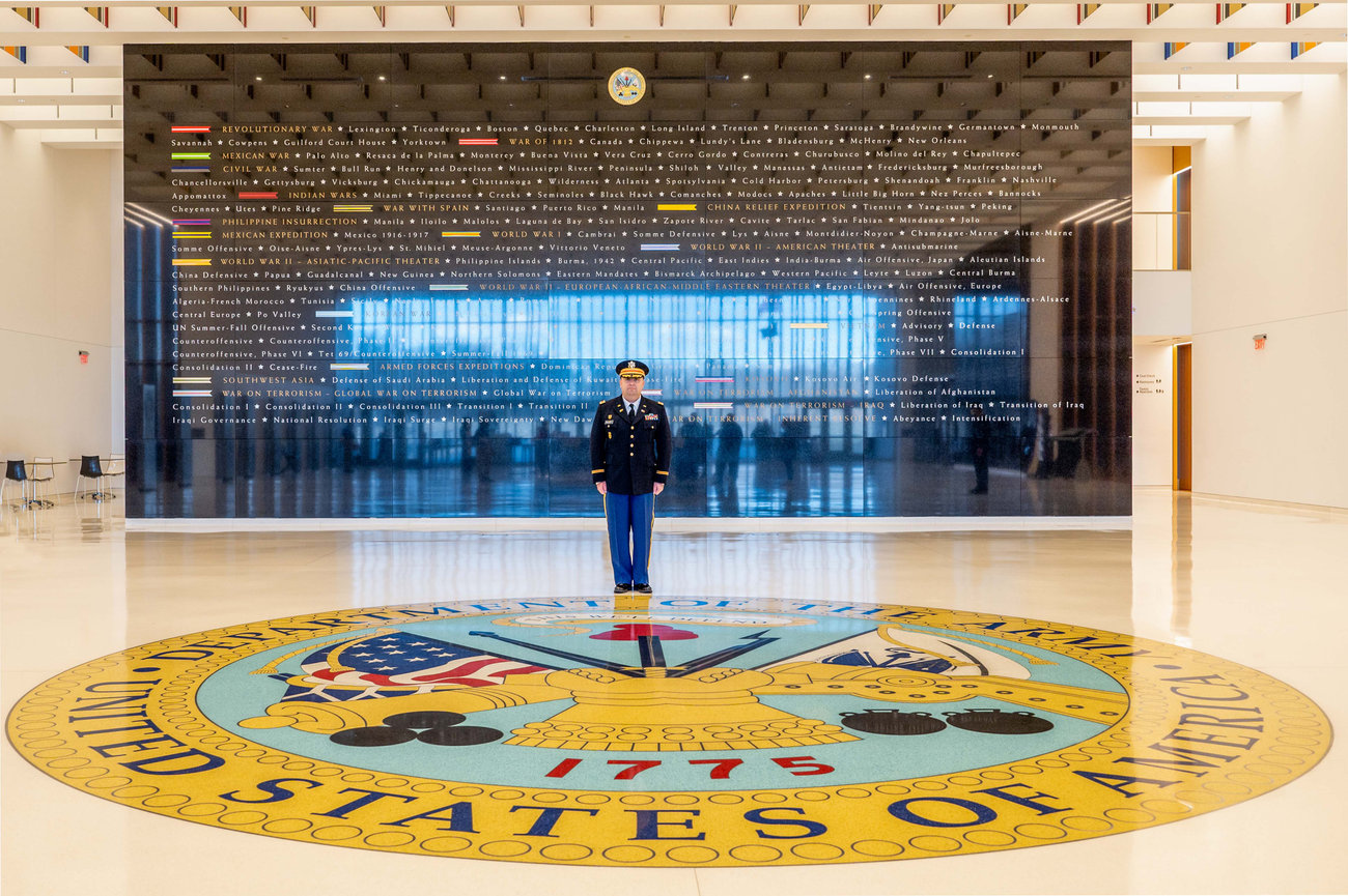 Army officer standing at attention in the foyer of the National Army Museum near Fort Belvoir, VA