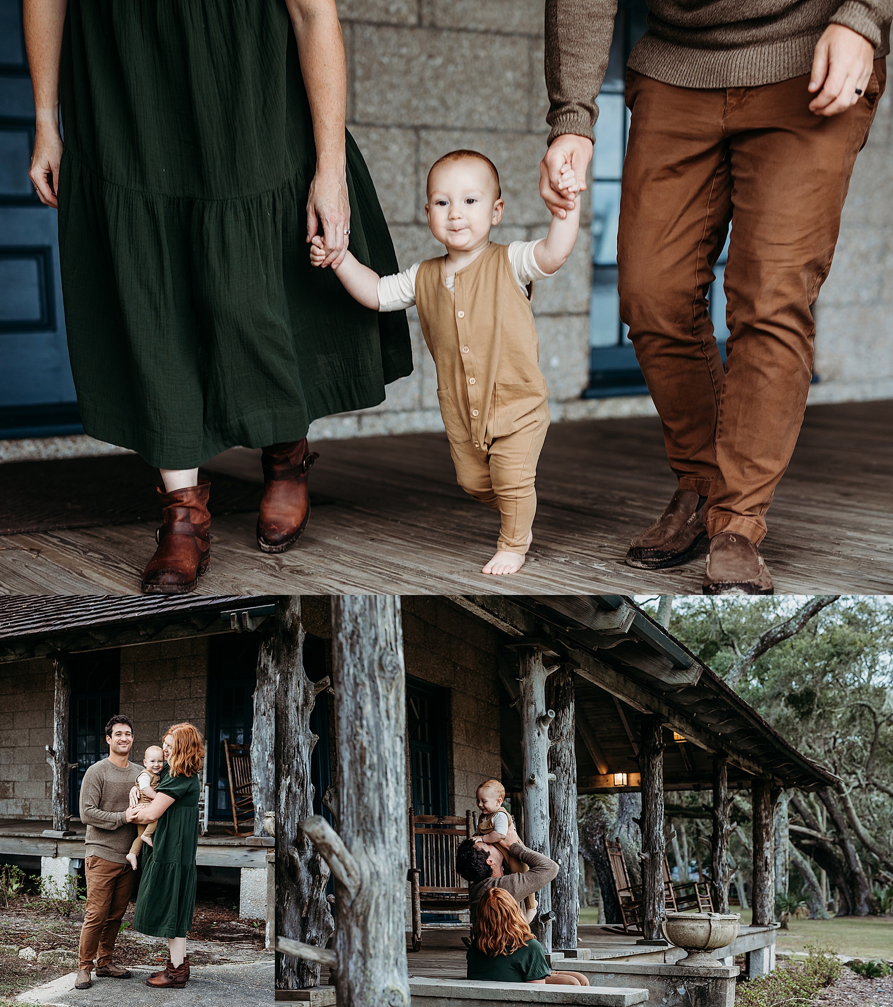 family walking together on wooden porch wearing earth tone clothing