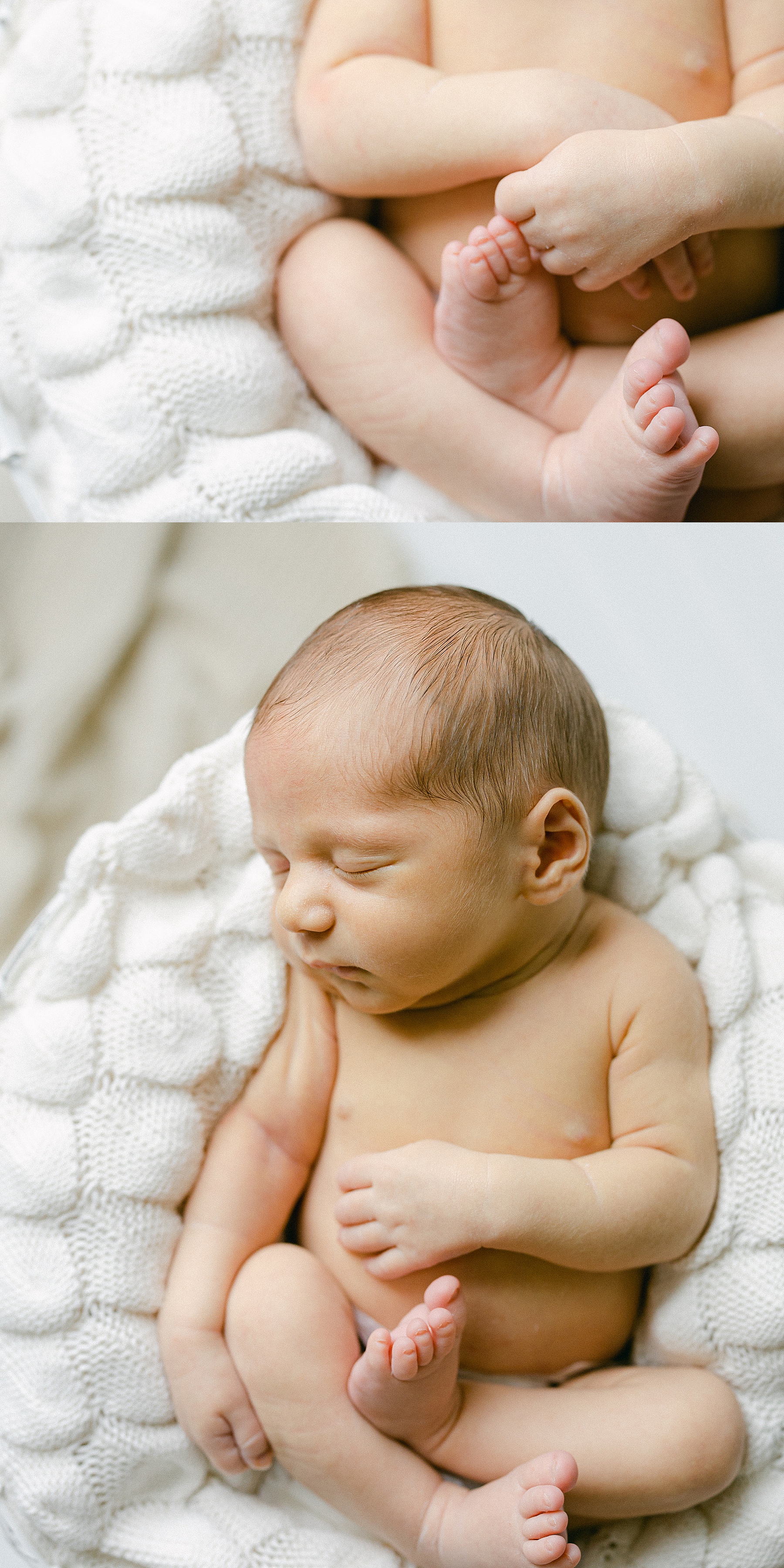 newborn baby boy wrapped in white blanket on a bed