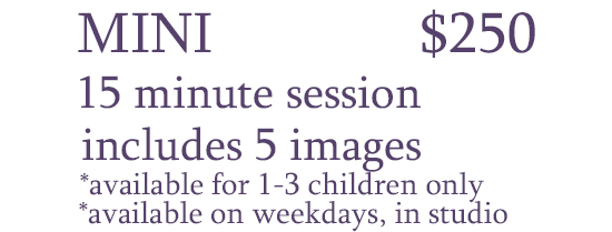 The Child Mini package is priced at $250. It includes a 15 minute session with 5 digital images. Appointments available on weekdays and in studio only.