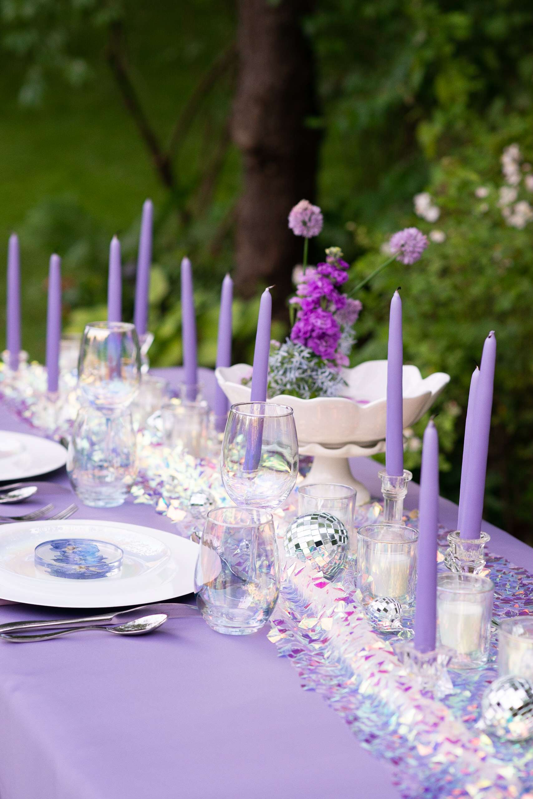Purple tablesetting at Enchanted Hills Wedding Venue