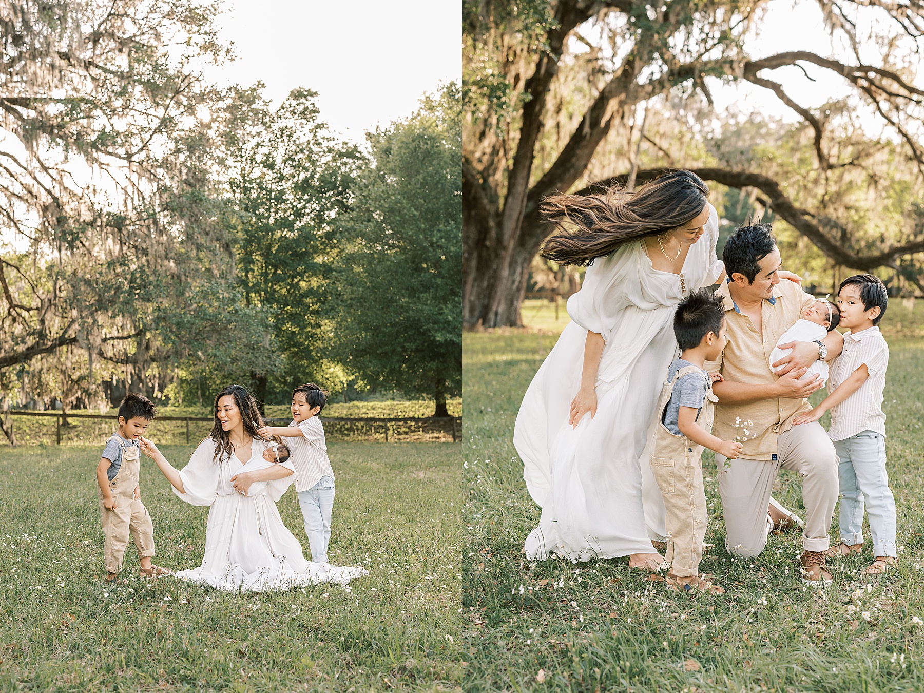 family dressed in neutral colors in flower field in the springtime in Gainesville Florida