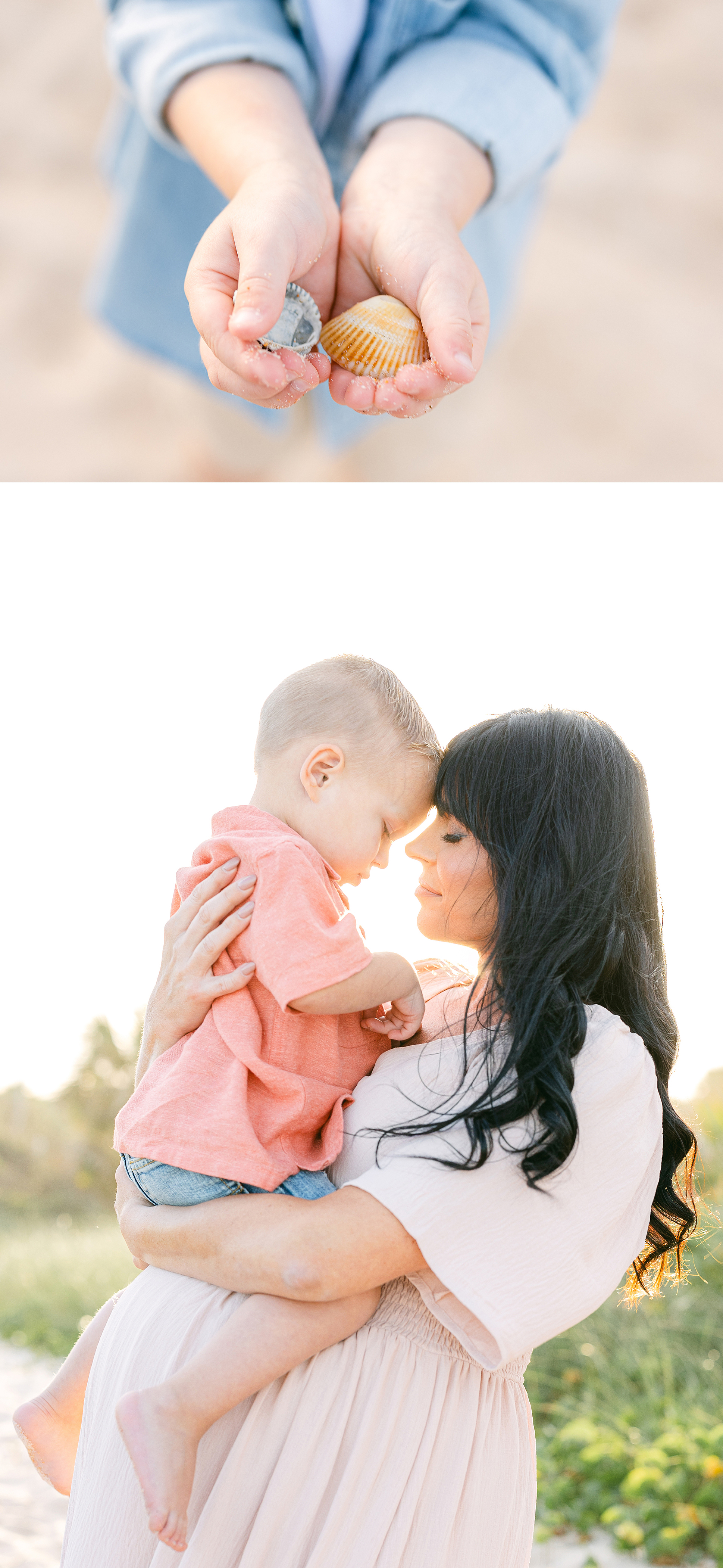 Sunny maternity portrait of a woman in pink dress holding a litlte boy.