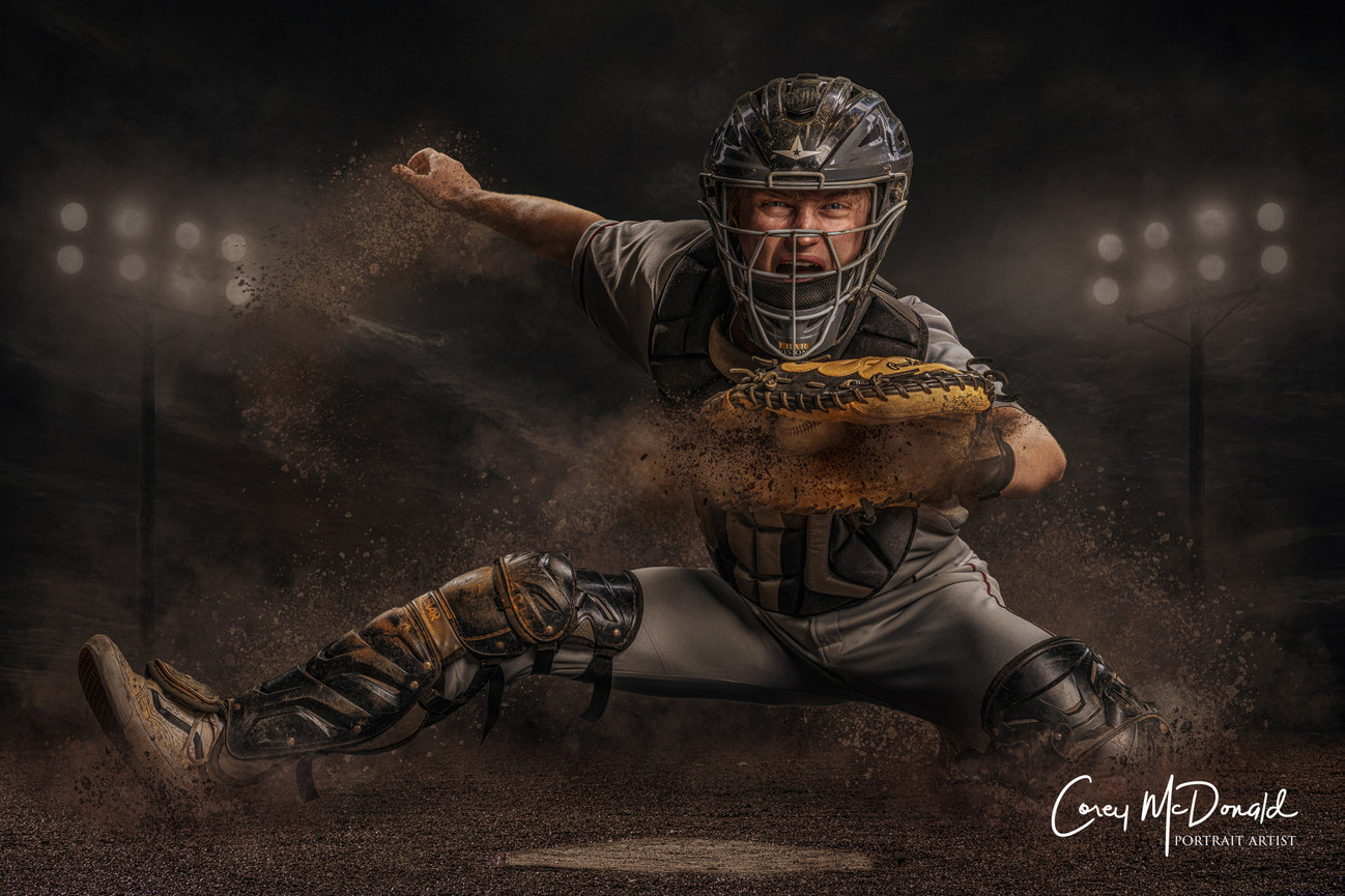 Baseball catcher in action, wearing gear, reaching for ball, with stadium lights in background.