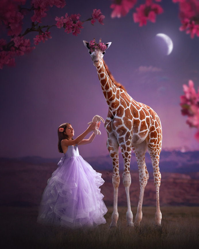 Young girl in a purple dress shows her favorite stuffed animal to a giraffe wearing a floral crown, under a moonlit sky - Storybook Images