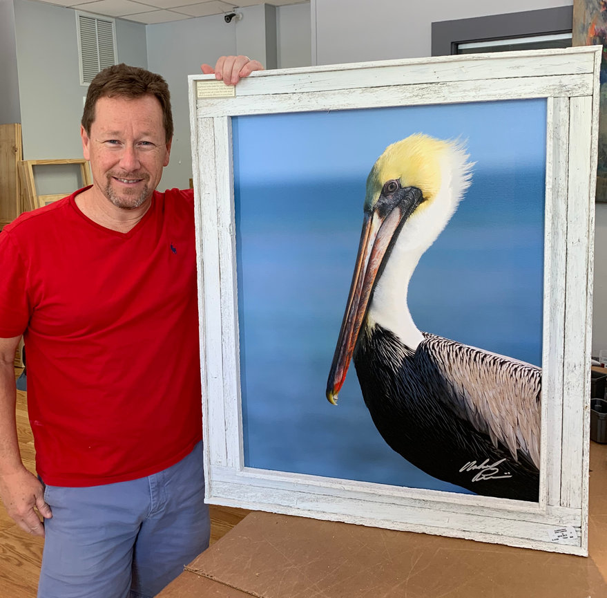 Photographer standing beside a framed pelican painting