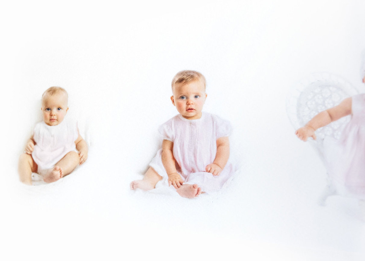 Heirloom-style composite of a baby’s growth over twelve months, displayed in a timeless portrait layout.