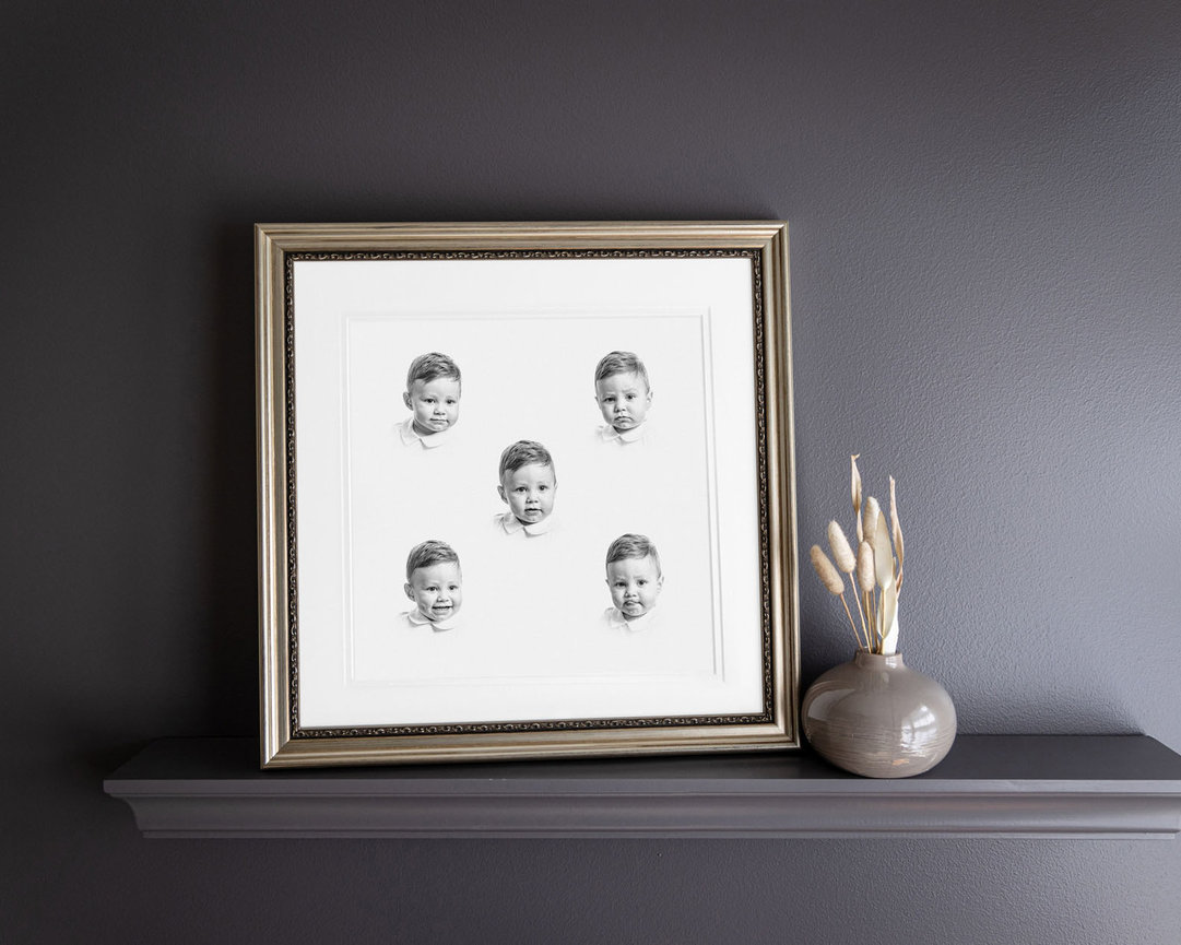 Black and white composite of five head and shoulders portraits, capturing the personality of a child.