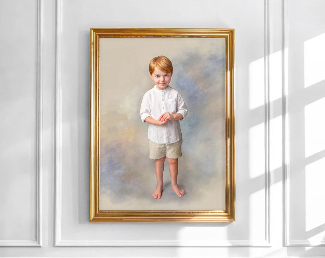 Fine art oil portrait of a young child in a classic studio setting