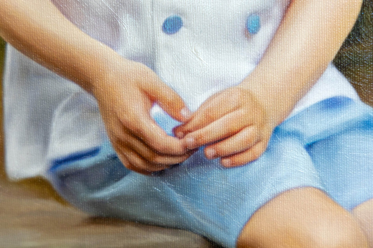 Heirloom painting of a 5-year-old boy in a garden, capturing a peaceful childhood moment outdoors