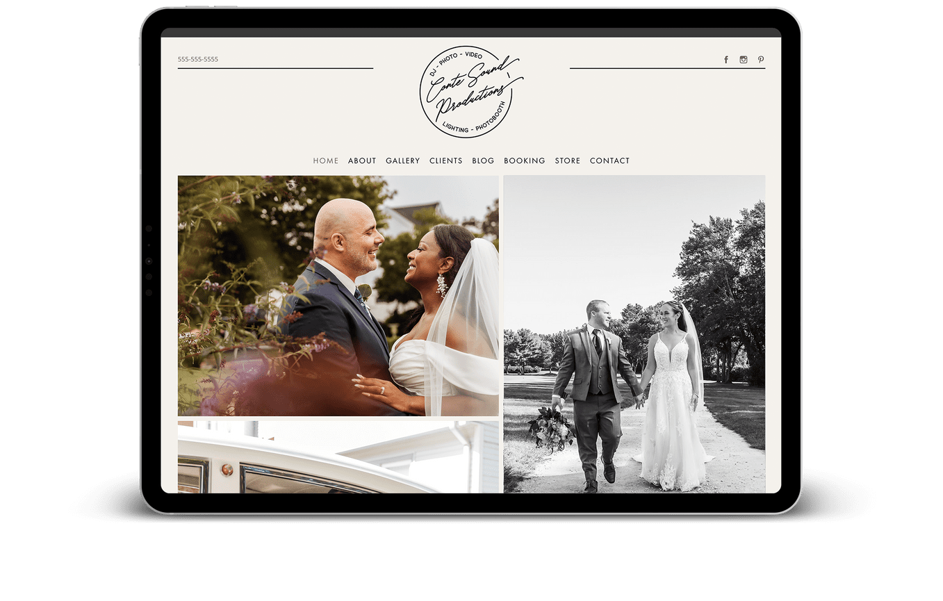 A PhotoBiz website template showcasing a wedding on the homepage.