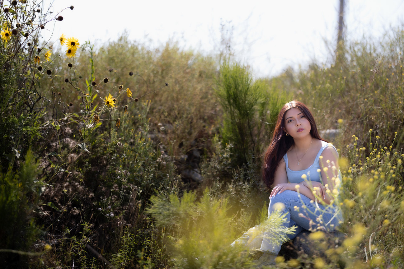 Woman in a blue dress sitting in a field of tall grass and sunflowers