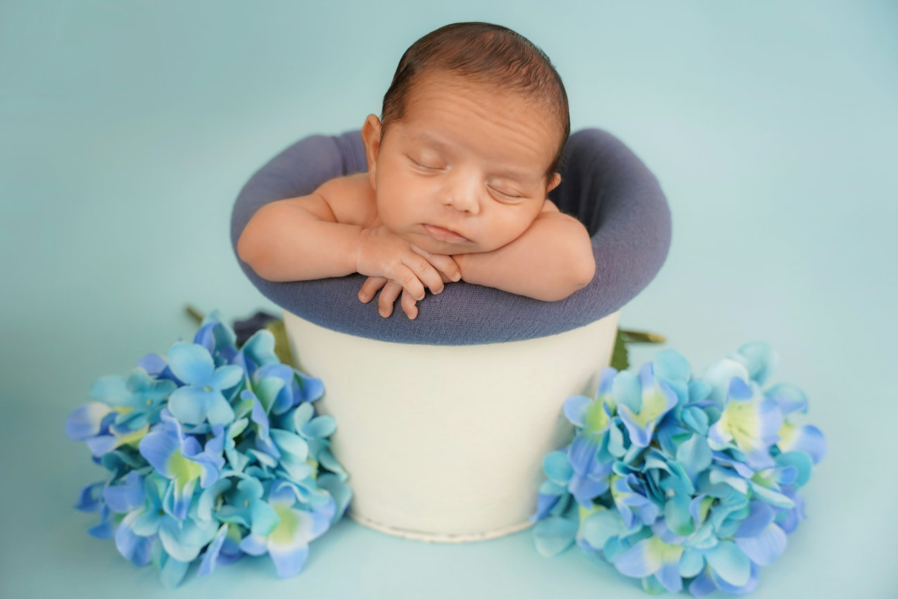 Sleeping newborn baby in a bucket surrounded by blue flowers