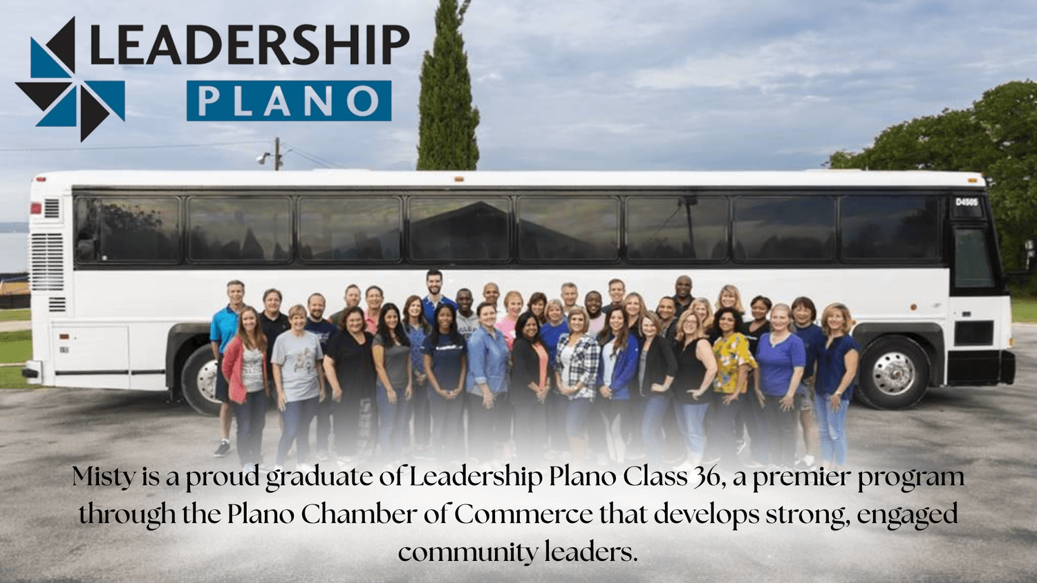 A diverse group of people standing in front of a white bus with Leadership Plano logo in the corner.