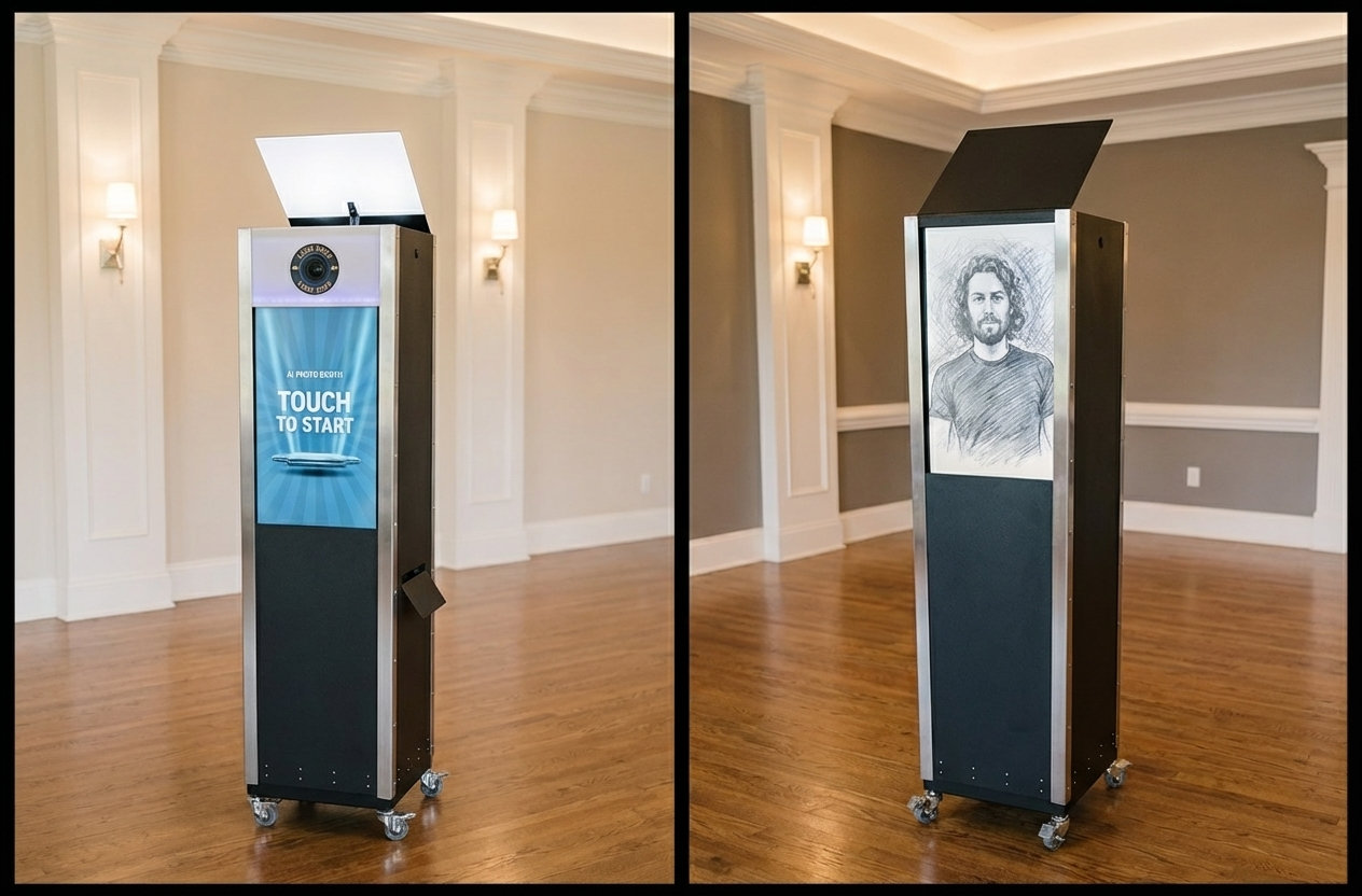 Front and rear views of a freestanding AI photo booth with integrated camera, printer and vertical touchscreen.