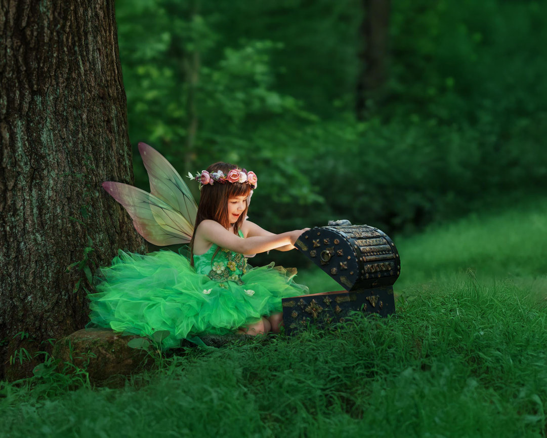 Fairy in a green gown sitting under a tree while looking in a treasure chest, surrounded by enchanted forest near Mars, Pa