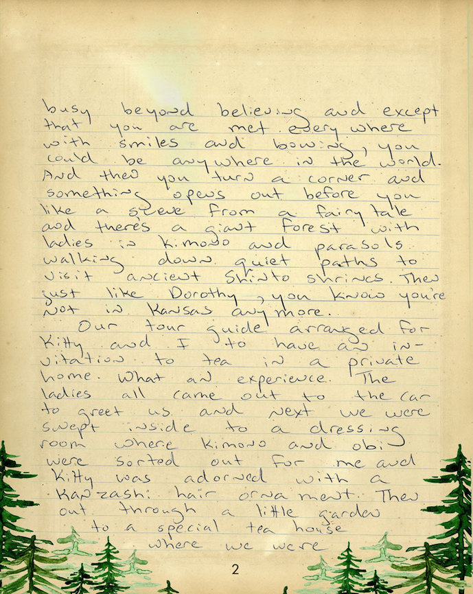 Page two of Katharine’s handwritten Japan dispatch, describing Kitty’s tea ceremony and traditional kimono.
