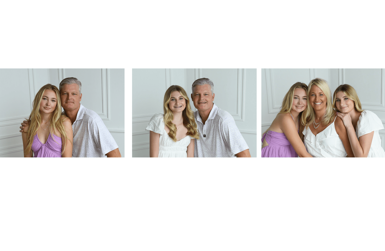 Three close-ups of dad and his daughters and mom with her daughters.