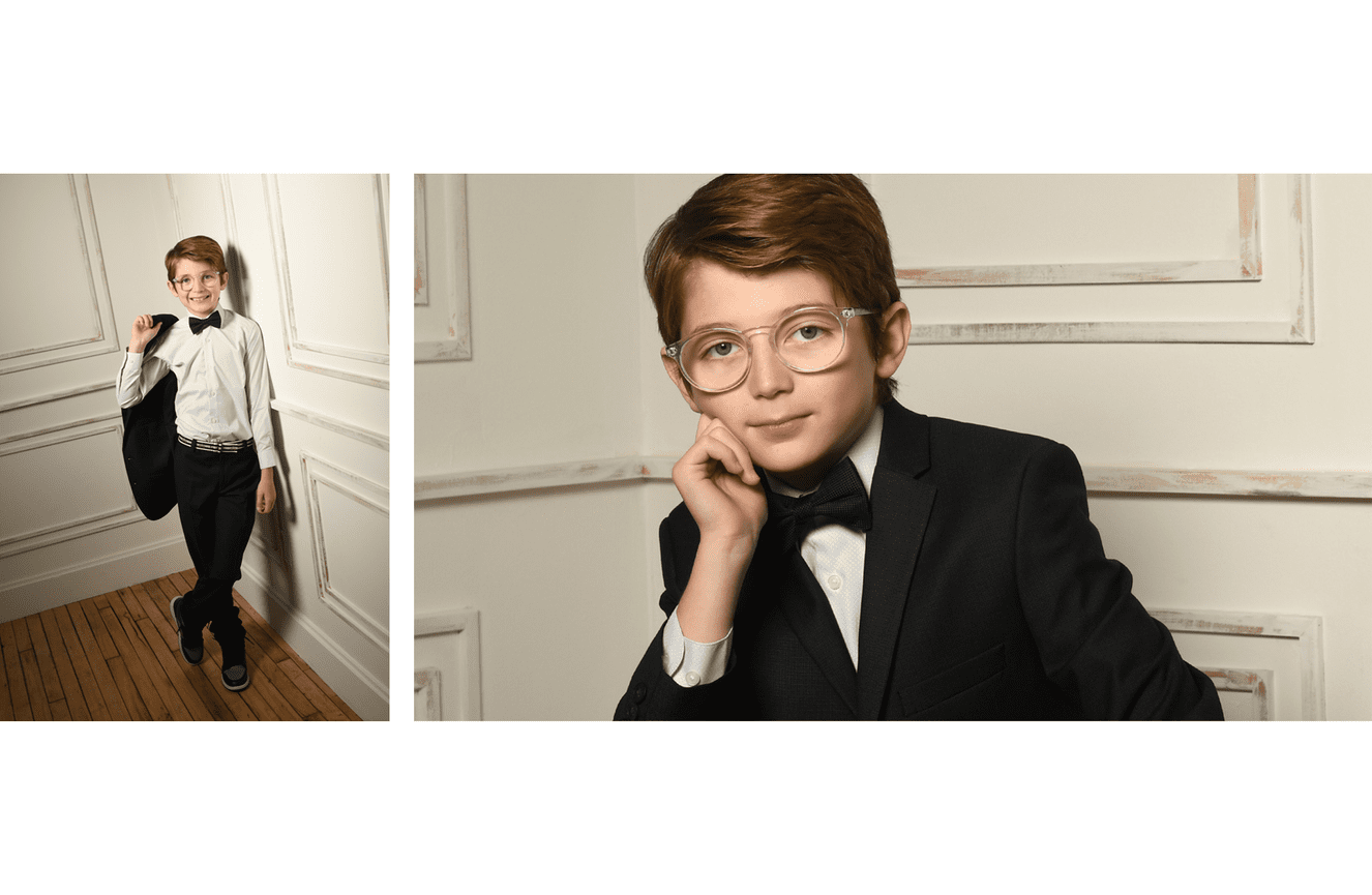A young boy in a tux poses like an actor at Kliks Photography.