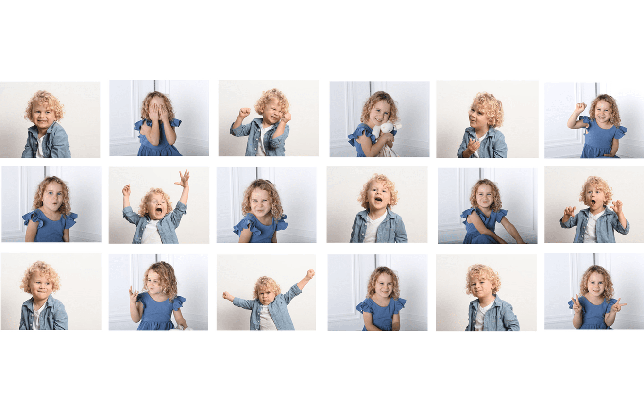 A collage of a brother and sister making various facial expressions at Kliks Photography.