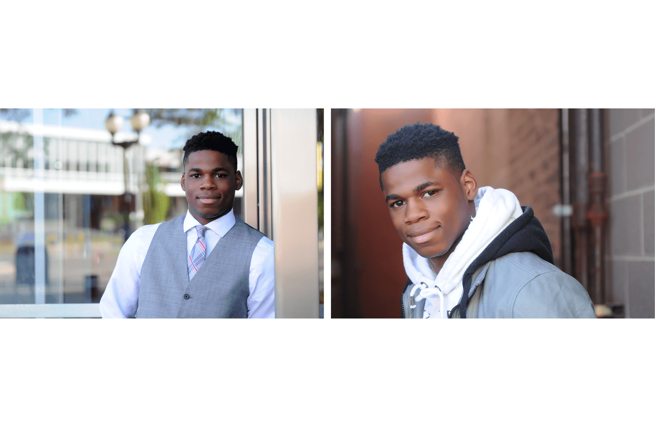 An African American high school senior shows two fashion looks; with a suit and with a hoodie.