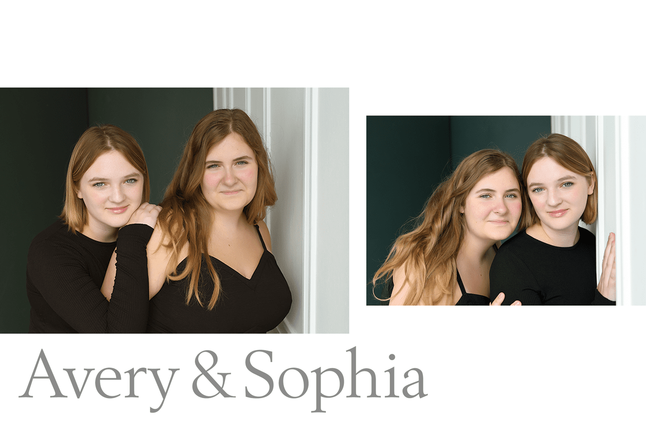 Twin sisters, Avery and Sophia, pose for close ups during their high school senior photo session at Kliks Photography.