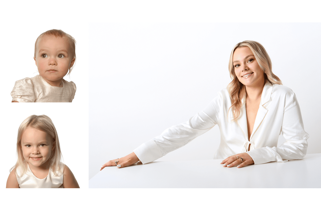 A collage of girl wearing white as a toddler, youngster, and now high school senior.